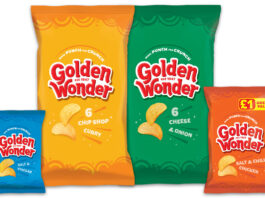 Golden Wonder unveils a crisp new look across packs Pack shots of the 2025 design for Golden Wonder crisps including an impulse pack Salt & Vinegar, 6 pack multipack of Chip Shop Curry, 6 pack multipack of Cheese & Onion and a £1 Share Bag of Salt & Chilli Chicken.