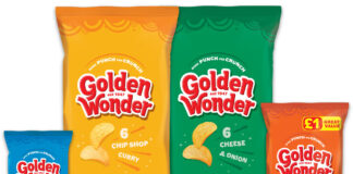 Pack shots of the 2025 design for Golden Wonder crisps including an impulse pack Salt & Vinegar, 6 pack multipack of Chip Shop Curry, 6 pack multipack of Cheese & Onion and a £1 Share Bag of Salt & Chilli Chicken.
