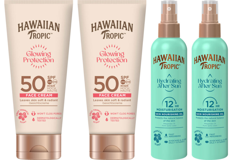 Pack shots of Hawaiian Tropic Glowing Protection 50SPF Face Cream and Hawaiian Tropic Hydrating After Sun bottles.