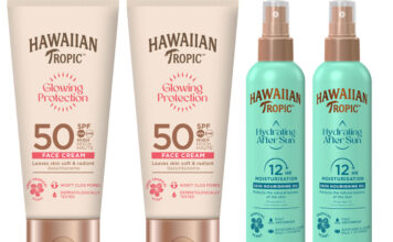 Pack shots of Hawaiian Tropic Glowing Protection 50SPF Face Cream and Hawaiian Tropic Hydrating After Sun bottles.
