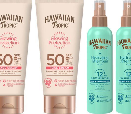 Hawaiian Tropic launches two new sun care essentials Pack shots of Hawaiian Tropic Glowing Protection 50SPF Face Cream and Hawaiian Tropic Hydrating After Sun bottles.