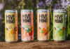 Cans of Hive Mind Honeyade drinks stand on top of a log with some greenery in the background.