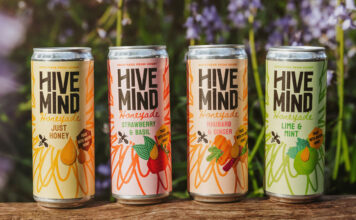 Cans of Hive Mind Honeyade drinks stand on top of a log with some greenery in the background.