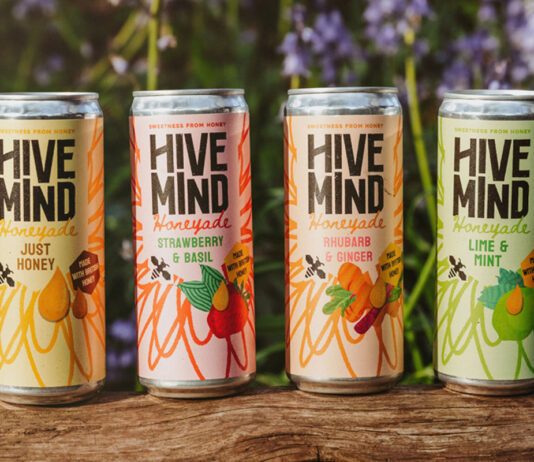Hive Mind switches mead for new Honeyade soft drinks Cans of Hive Mind Honeyade drinks stand on top of a log with some greenery in the background.