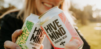 Two people clink together cans of Hive Mind Sparking Mead in a 'Cheers' action.