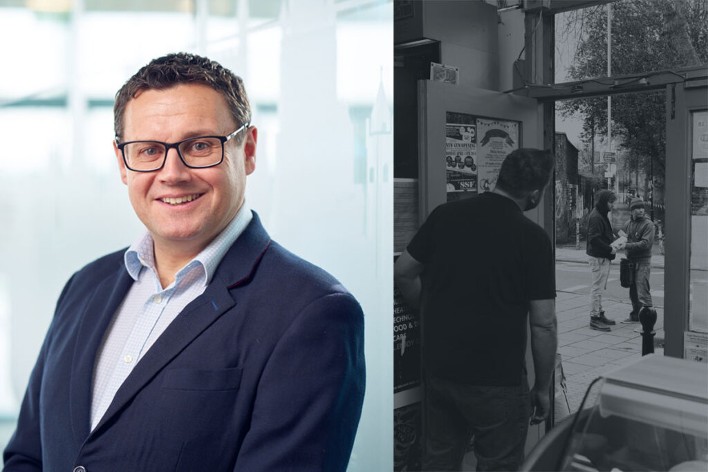 James Hall, anti-illicit trade manager at Imperial Brands UK & Ireland, and an image of a shop keeper looking at two people engaging in suspicious activity.