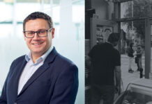 James Hall, anti-illicit trade manager at Imperial Brands UK & Ireland, and an image of a shop keeper looking at two people engaging in suspicious activity.