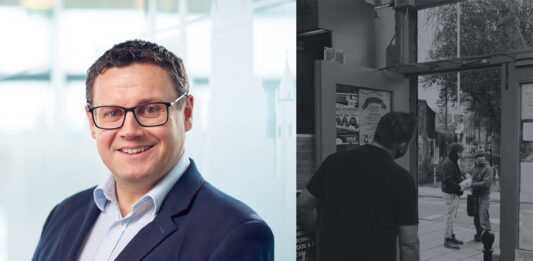 James Hall, anti-illicit trade manager at Imperial Brands UK & Ireland, and an image of a shop keeper looking at two people engaging in suspicious activity.