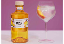 A bottle of June Gin Mango & Passionfruit stands next to a balloon glass with a gin & tonic serve inside it.