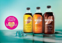 Promotional image of the Nescafé Espresso Concentrate range including Iced Vanilla, Iced Caramel and Iced Classic variants. The bottles are lined up next to each other with a reflective liquid surface underneath with a melting ice cube. There is also a pink circle stamp on the image highlighting the brand as the Official Iced Coffee Partner of Love Island. The Love Island logo is inside of the pink circle.