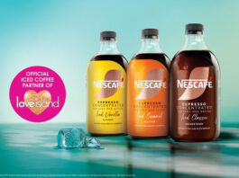 Nescafé couples up with Love Island as its official iced coffee partner Promotional image of the Nescafé Espresso Concentrate range including Iced Vanilla, Iced Caramel and Iced Classic variants. The bottles are lined up next to each other with a reflective liquid surface underneath with a melting ice cube. There is also a pink circle stamp on the image highlighting the brand as the Official Iced Coffee Partner of Love Island. The Love Island logo is inside of the pink circle.