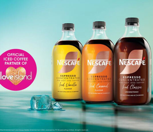 Promotional image of the Nescafé Espresso Concentrate range including Iced Vanilla, Iced Caramel and Iced Classic variants. The bottles are lined up next to each other with a reflective liquid surface underneath with a melting ice cube. There is also a pink circle stamp on the image highlighting the brand as the Official Iced Coffee Partner of Love Island. The Love Island logo is inside of the pink circle.