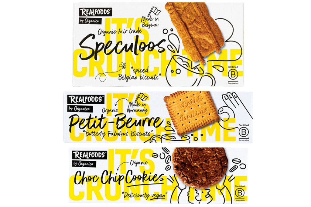 Pack shots of Organico sweet biscuits including Speculoos, Petit Beurre and Choc Chip Cookies.