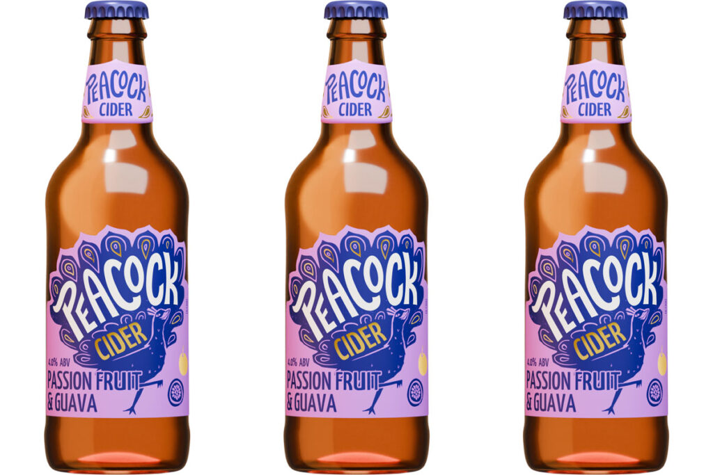 Pack shots of Peacock Cider Passion Fruit & Guava.