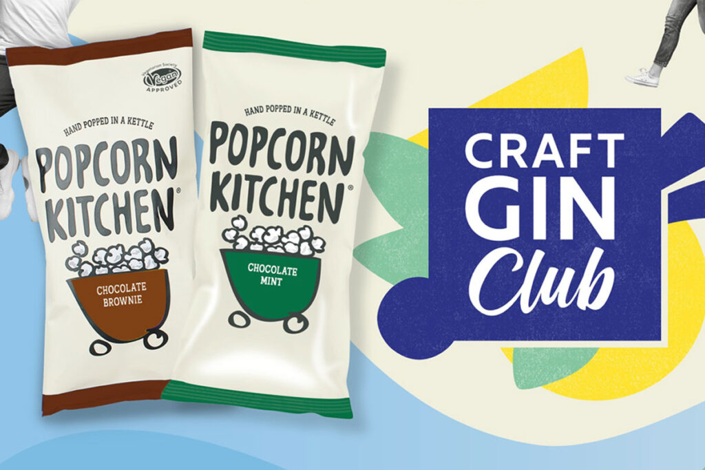 Packs of Popcorn Kitchen Chocolate Brownie and Chocolate Mint flavours next to the Craft Gin Club logo to highlight the new options as part of the subscription.