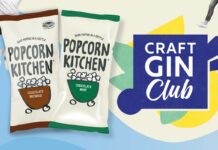 Packs of Popcorn Kitchen Chocolate Brownie and Chocolate Mint flavours next to the Craft Gin Club logo to highlight the new options as part of the subscription.