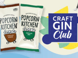 Popcorn Kitchen adds Chocolate Mint & Chocolate Brownie Popcorn to Craft Gin Club Packs of Popcorn Kitchen Chocolate Brownie and Chocolate Mint flavours next to the Craft Gin Club logo to highlight the new options as part of the subscription.