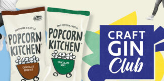 Packs of Popcorn Kitchen Chocolate Brownie and Chocolate Mint flavours next to the Craft Gin Club logo to highlight the new options as part of the subscription.