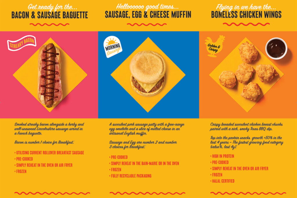 Promotional image for Rollover's range of products new for 2025 including the Bacon & Sausage Baguette, Sausage, Egg & Cheese Muffin and Boneless Chicken Wings.