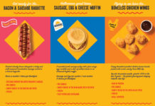 Promotional image for Rollover's range of products new for 2025 including the Bacon & Sausage Baguette, Sausage, Egg & Cheese Muffin and Boneless Chicken Wings.