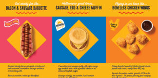Promotional image for Rollover's range of products new for 2025 including the Bacon & Sausage Baguette, Sausage, Egg & Cheese Muffin and Boneless Chicken Wings.