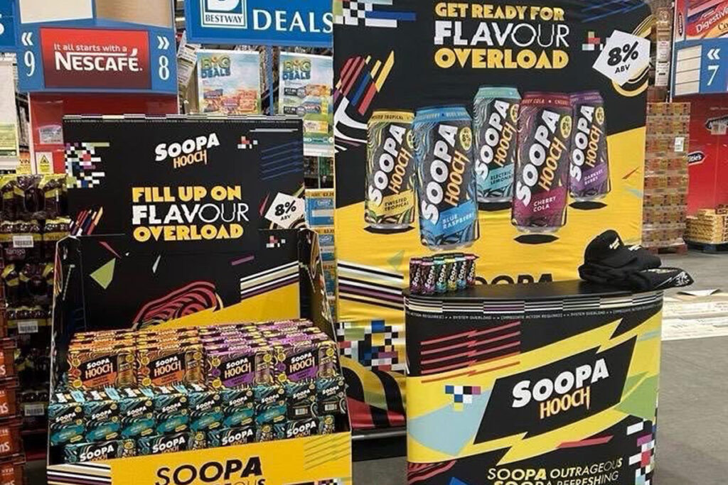 Promotional bays for Soopa Hooch drinks inside a Bestway depot.