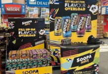 Promotional bays for Soopa Hooch drinks inside a Bestway depot.