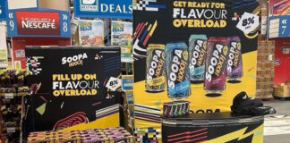 Promotional bays for Soopa Hooch drinks inside a Bestway depot.