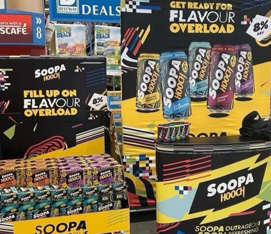 Promotional bays for Soopa Hooch drinks inside a Bestway depot.