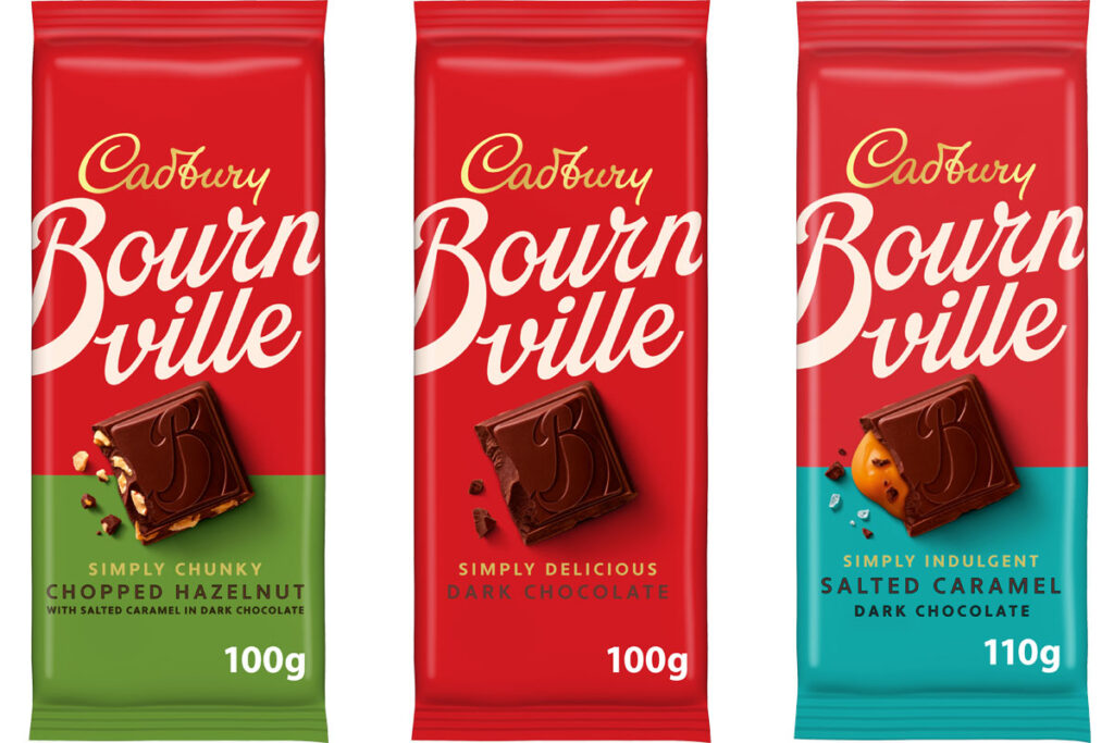 Pack shots of Cadbury Bournville 2025 re-design featuring Chopped Hazelnut, Original and Salted Caramel flavours.