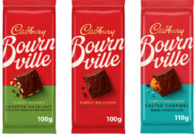 Pack shots of Cadbury Bournville 2025 re-design featuring Chopped Hazelnut, Original and Salted Caramel flavours.