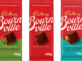 Pack shots of Cadbury Bournville 2025 re-design featuring Chopped Hazelnut, Original and Salted Caramel flavours.