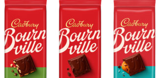 Pack shots of Cadbury Bournville 2025 re-design featuring Chopped Hazelnut, Original and Salted Caramel flavours.
