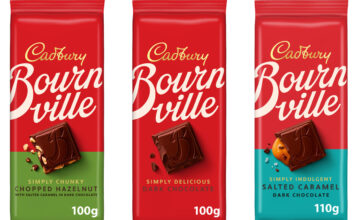 Pack shots of Cadbury Bournville 2025 re-design featuring Chopped Hazelnut, Original and Salted Caramel flavours.