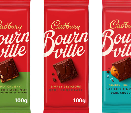 Cadbury Bournville unveils a new modernised design across its packs Pack shots of Cadbury Bournville 2025 re-design featuring Chopped Hazelnut, Original and Salted Caramel flavours.