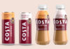 2025 redesign for Costa Coffee RTD range including Costa Coffee Caramel Latte can, Costa Coffee Classic Latte Can, Costa Coffee Caramel Latte bottle and Costa Coffee Classic Latte bottle.