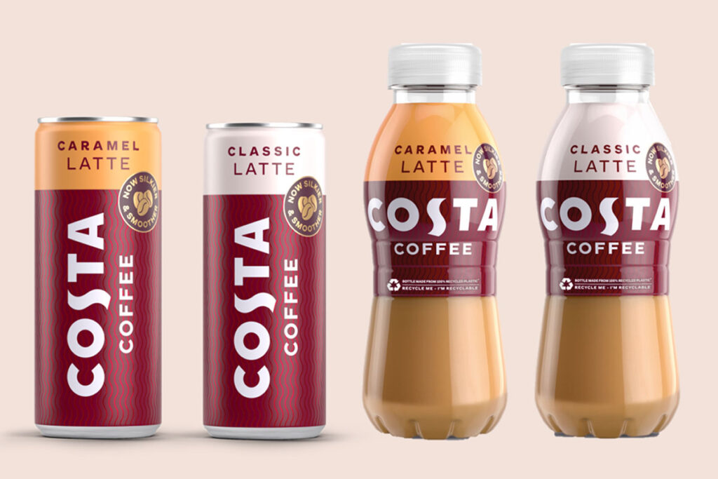 2025 redesign for Costa Coffee RTD range including Costa Coffee Caramel Latte can, Costa Coffee Classic Latte Can, Costa Coffee Caramel Latte bottle and Costa Coffee Classic Latte bottle.