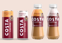 2025 redesign for Costa Coffee RTD range including Costa Coffee Caramel Latte can, Costa Coffee Classic Latte Can, Costa Coffee Caramel Latte bottle and Costa Coffee Classic Latte bottle.