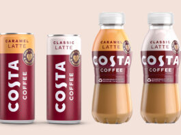 2025 redesign for Costa Coffee RTD range including Costa Coffee Caramel Latte can, Costa Coffee Classic Latte Can, Costa Coffee Caramel Latte bottle and Costa Coffee Classic Latte bottle.