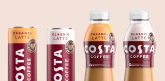 2025 redesign for Costa Coffee RTD range including Costa Coffee Caramel Latte can, Costa Coffee Classic Latte Can, Costa Coffee Caramel Latte bottle and Costa Coffee Classic Latte bottle.