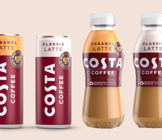 Costa Coffee unveils summer-ready revamp for RTD range 2025 redesign for Costa Coffee RTD range including Costa Coffee Caramel Latte can, Costa Coffee Classic Latte Can, Costa Coffee Caramel Latte bottle and Costa Coffee Classic Latte bottle.