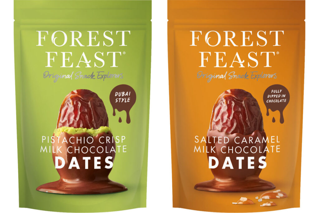 Pack shots of Forest Feast Pistachio Crisp Milk Chocolate Dates and Salted Caramel Milk Chocolate Dates.