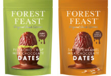 Pack shots of Forest Feast Pistachio Crisp Milk Chocolate Dates and Salted Caramel Milk Chocolate Dates.