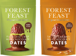 Pack shots of Forest Feast Pistachio Crisp Milk Chocolate Dates and Salted Caramel Milk Chocolate Dates.