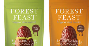 Pack shots of Forest Feast Pistachio Crisp Milk Chocolate Dates and Salted Caramel Milk Chocolate Dates.