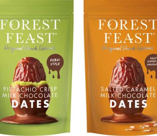 Pack shots of Forest Feast Pistachio Crisp Milk Chocolate Dates and Salted Caramel Milk Chocolate Dates.