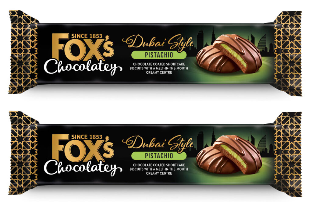 Pack shots of Fox's Chocolatey Dubai Style Pistachio Indulgent Creams.
