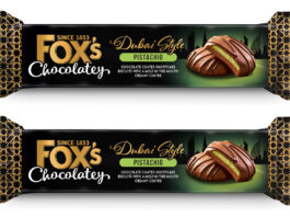 Pack shots of Fox's Chocolatey Dubai Style Pistachio Indulgent Creams.