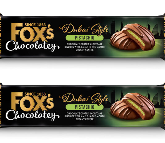 Fox’s builds excitement for Dubai chocolate with new Chocolatey Dubai Style Indulgent Creams biscuits Pack shots of Fox's Chocolatey Dubai Style Pistachio Indulgent Creams.