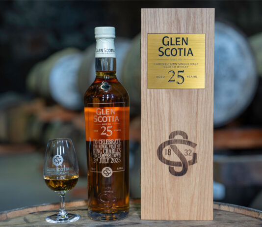 King Charles III gifted 25 Year Old Glen Scotia whisky during Campbeltown visit A bottle of Glen Scotia 25 Year Old stands next to its wooden box package and a nosing glass with the Glen Scotia logo on it – the bottle was gifted to King Charles III.